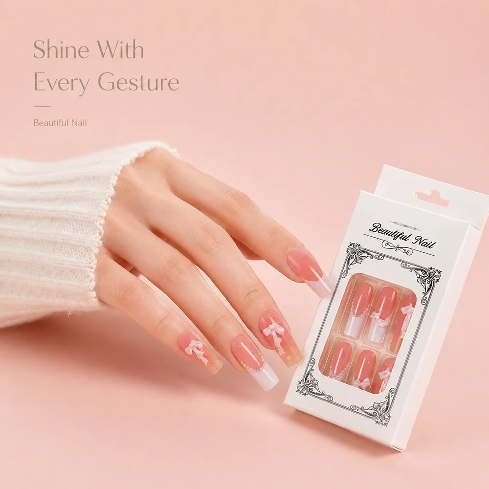24Pcs Handcrafted Press On Nails Long Coffin Nude Base White French Edge Silk Bow Pearl Chain Ornaments Women Nail Art Supplies