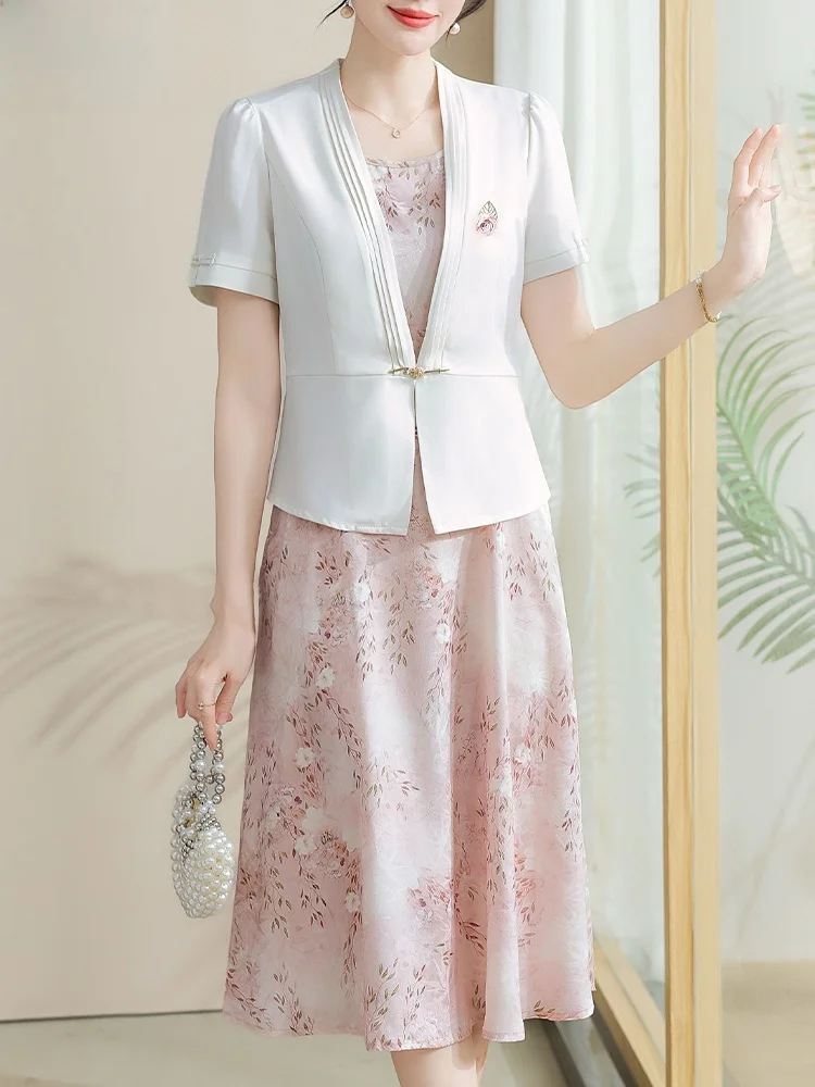 

Ele Mid-Late Summer Faion Dr Set for Mothers ort Sve Chiffon Skirt Loose Fit Sle round Ne Button Detail