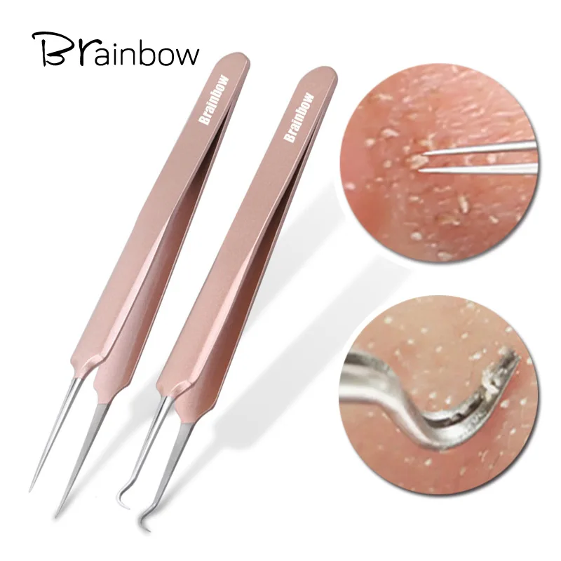 Brainbow 2pcs Blackhead Remover Tweezers Acne Treatment Needle Spot Cleaner Pimple Blemish Extractor Skin Clean Care Tools Kit