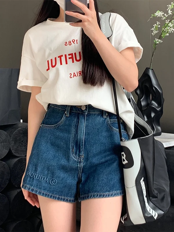 

Американские джинсовые шорты-брюки с высокой талией, свободного кроя, больших размеров, А-силуэт, широкие штанины, летние, тонкие, из денима, для женщин