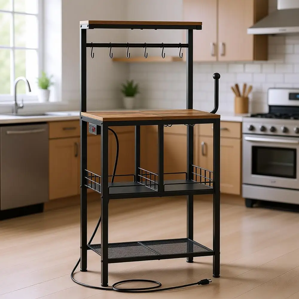 

4-Tier Rustic Brown Kitchen Storage Rack with Power Outlet, Microwave Stand, Coffee Bar, and Wine Glass Holder