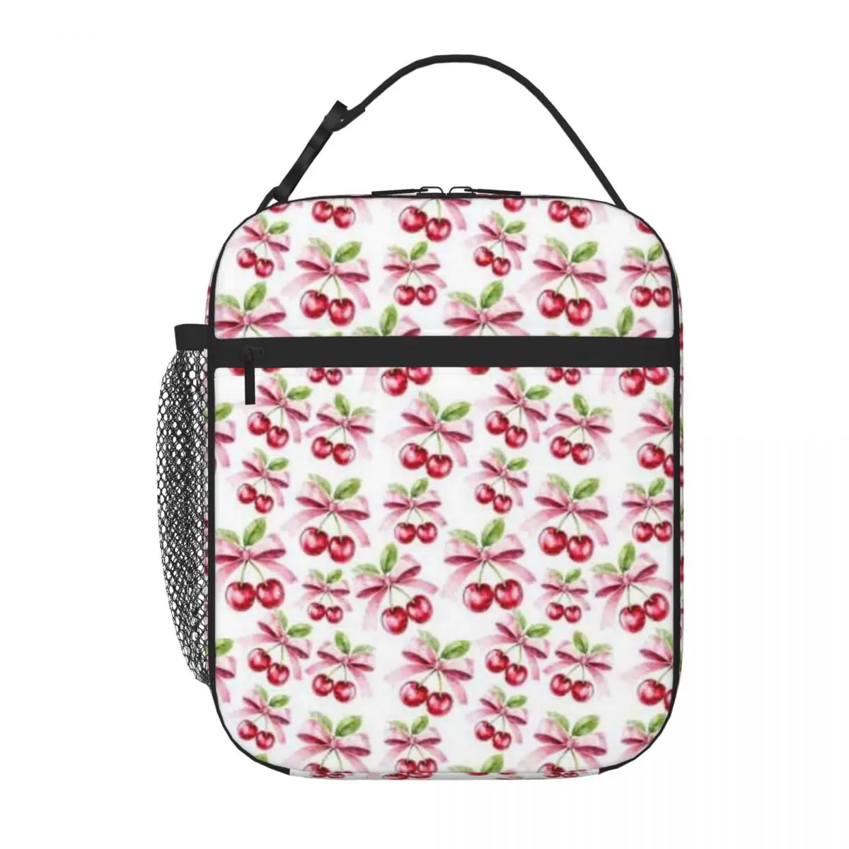 Bestselling Preppy Pink Cherries And Bows Ribbons  Pattern Sweet Style Lunch Box Bag Daily Snack Storage Insulated Food Bag