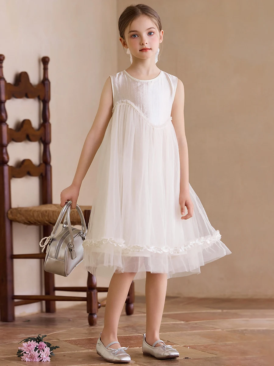 

Baby Girls Summer Vest Dresses Sleeveless Beige Kawaii Ins Popular Gauze 3T 14yrs Kids Clothing French Cute Style Dress 170cm