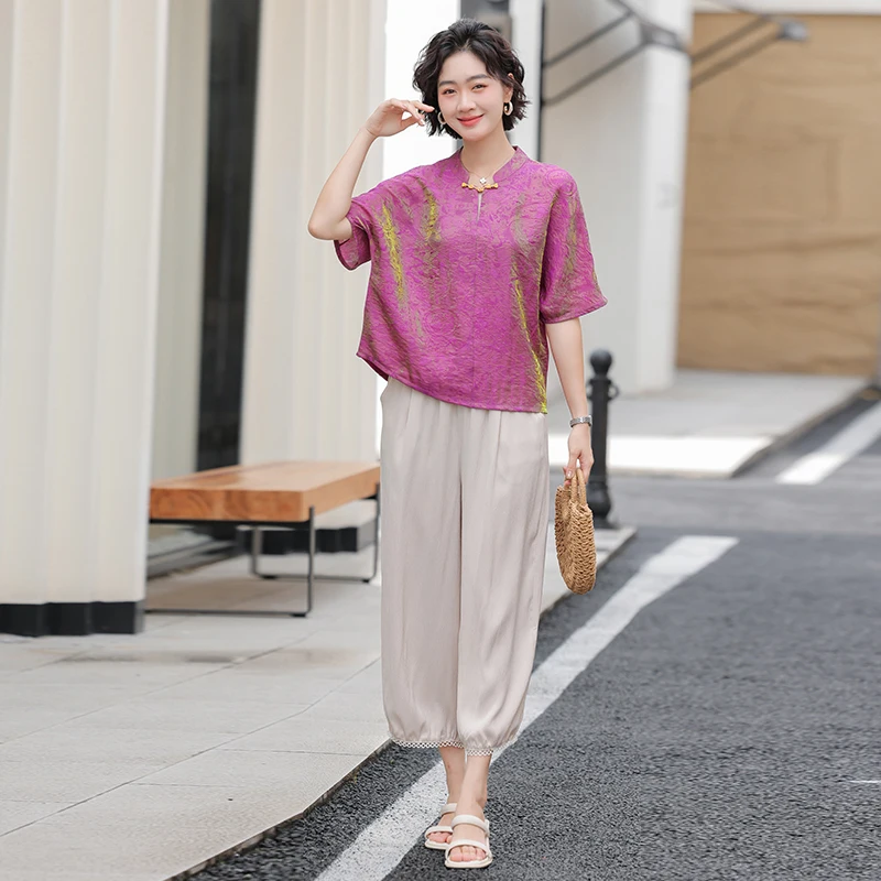 

High-End plus Size Women's Summer New Style Traditional Casual Outfit Two-Piece Set Age-Defying Top Shirt Loose Pants