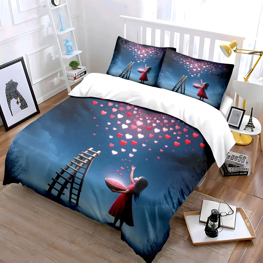 Girl Catching Falling Hearts Night Sky Duvet Cover Set, Romantic Dream Bedding Includes 1 Duvet Cover And 2 Pillowcase, Gift