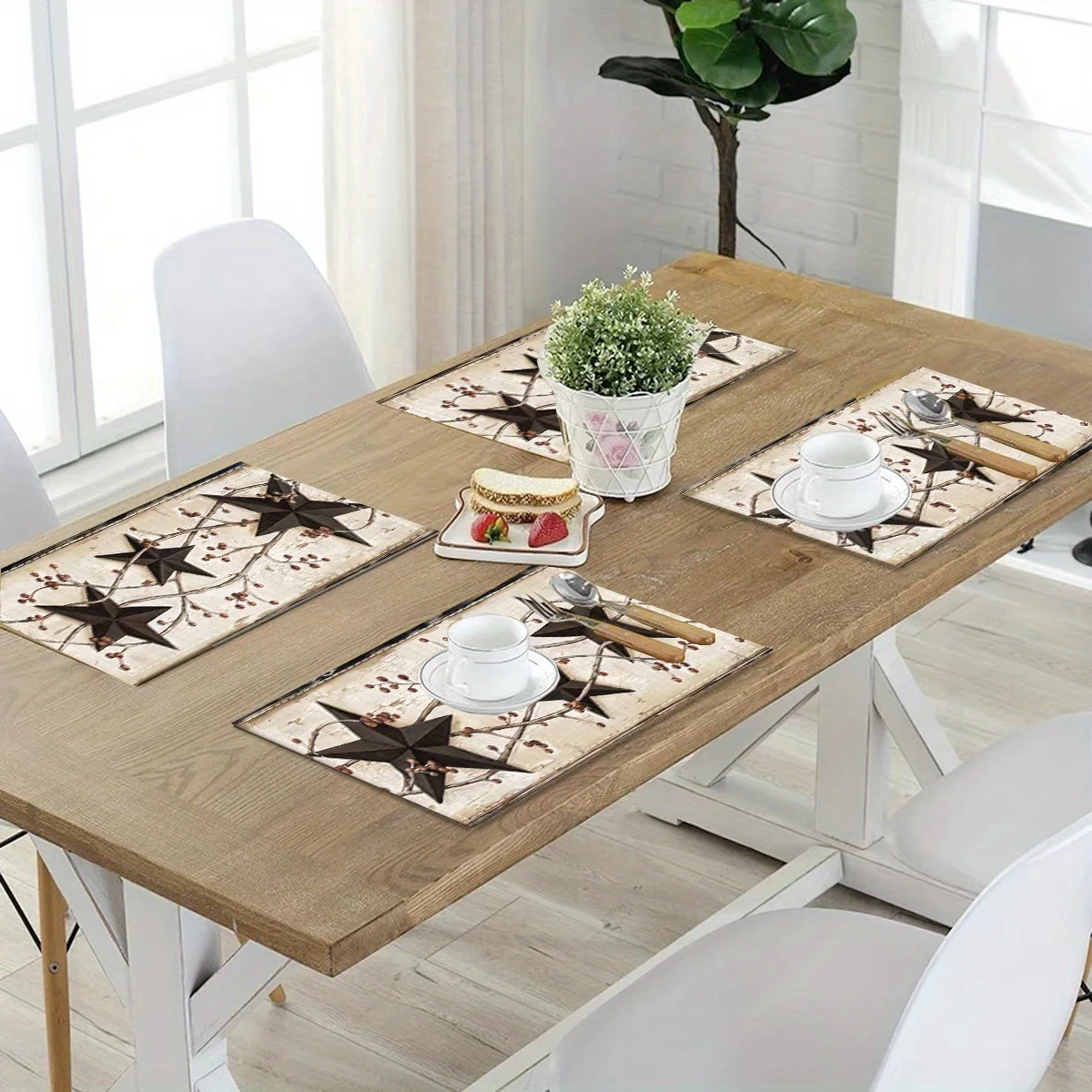 Vintage Farmhouse Star Print Placemats, 100% Linen Woven Table Mats, Heat Resistant, Washable, Rectangular Tabletop Protector