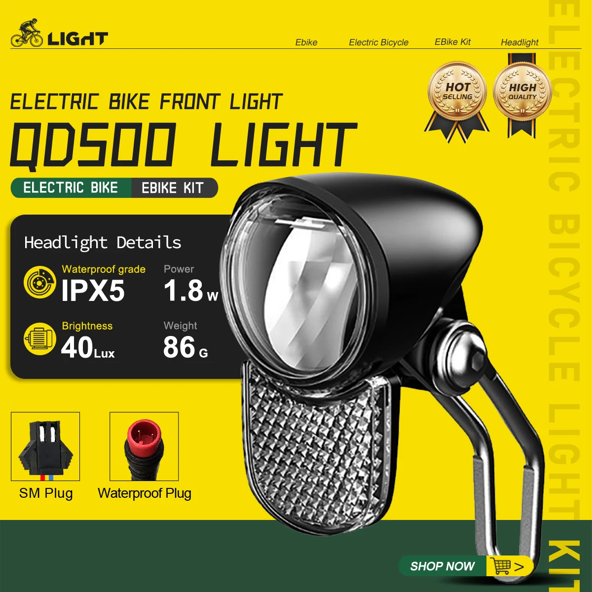 

E-Bike Led Headlight QD500 6V-20V Electric Bicycle 2Ppin SM/Waterproof Connector Front Headlight for EBike Cycling Accessories