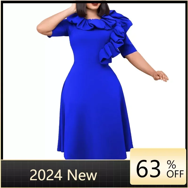 Women Spring Summer New Simple Fashionable Elegant Solid Color Round Neck Half Sleeves Large Swing Skirt Ruffle Zipper Dress