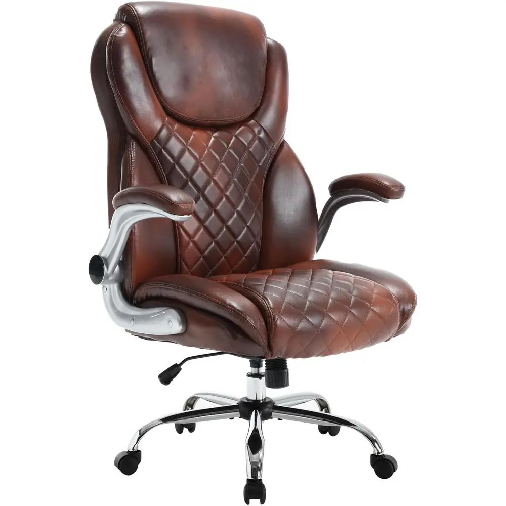 Leather Office Chair Brown with Lip Up Arms, Big and Tall High Back Executive Office Desk Chairs with Wheels, Rocking Managerial
