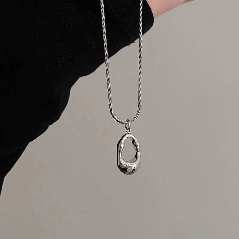 Minimalist Abstract Pendant Necklace Silver Snake Chain Irregular Hollow Style Elliptical Geometry Daily Women's Jewelry Gift