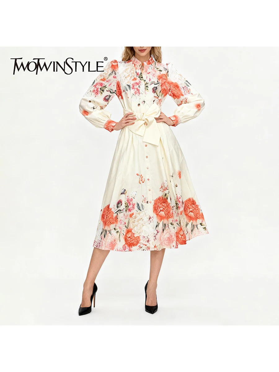 

TWOTWINSTYLE Fashion Printing Spliced Bowknot Dresses for Women Round Neck Long Sleeves Tunic Elegant Dress Female Autumn New