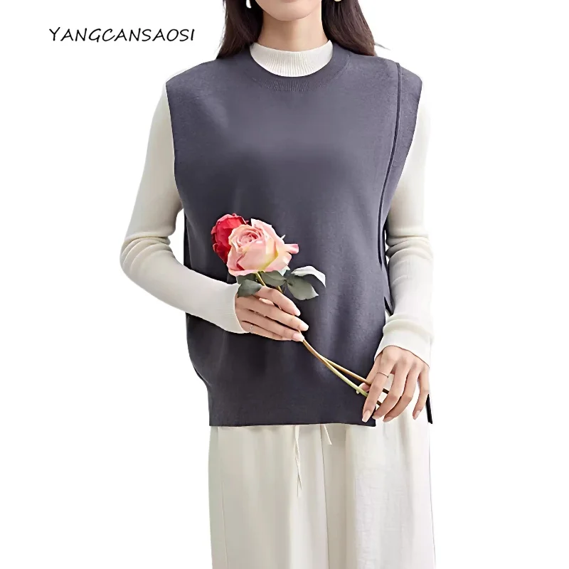 

2025 Women's Early Autumn New Machine Washable 31.7% Wool Blended Front and Rear Split Knitted Round Neck Solid Color Vest