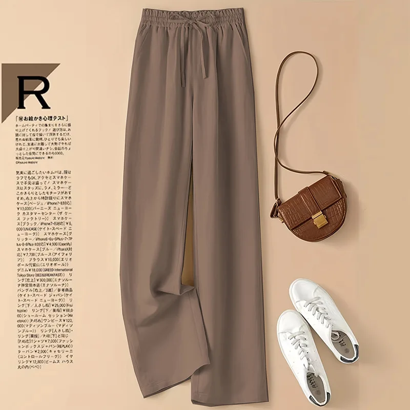 Pantaloni casual a gamba larga in lino di cotone Pantaloni estivi da donna Fashin Elastico in vita Tinta unita Pantaloni dritti semplici di base Abiti femminili