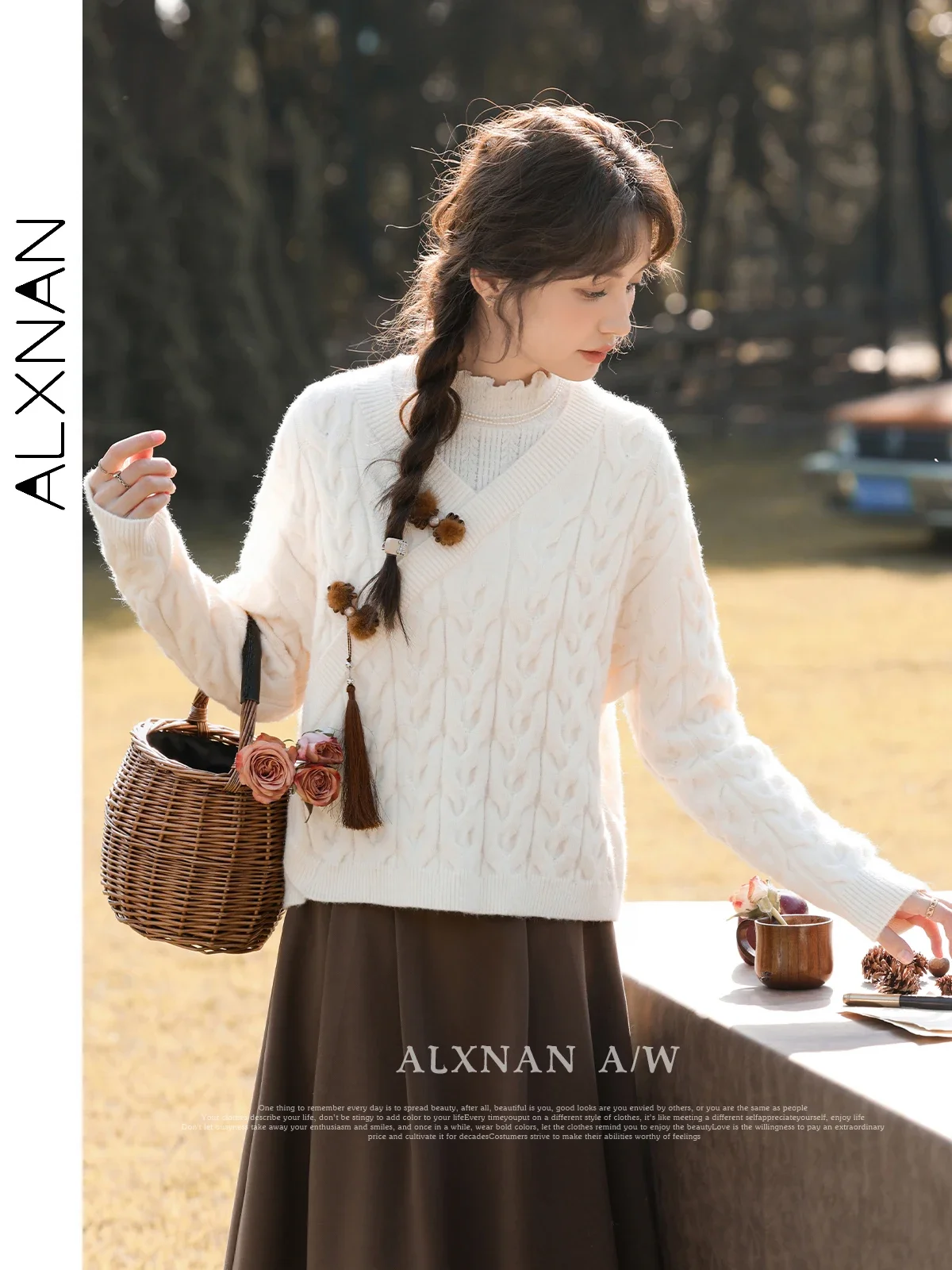 ALXNAN Apricot Knitted Sweater Woman 2024 Fall Winter V-neck Straight Loose Long Sleeve Tops Soft Jumper Sold Separately L330166