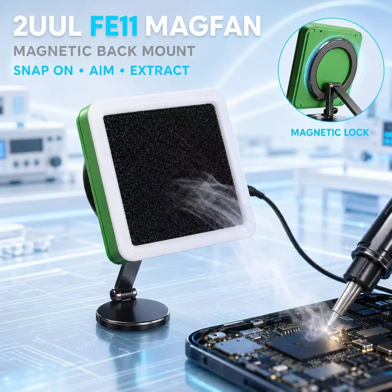 2UUL FE11 MagFan Magnetic Solder Smoke Extractor with LED Light Adjustable Stand Purifying Fan for Phone PCB Repair Tool
