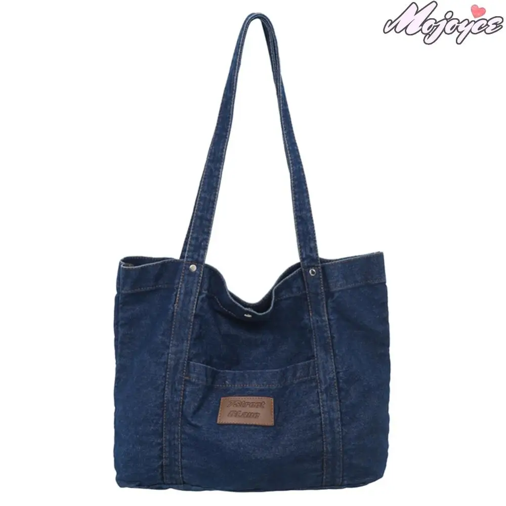 

Women Retro Tote Bag Large Capacity Denim Versatile Shopping Bag Solid Color for Travel Work School