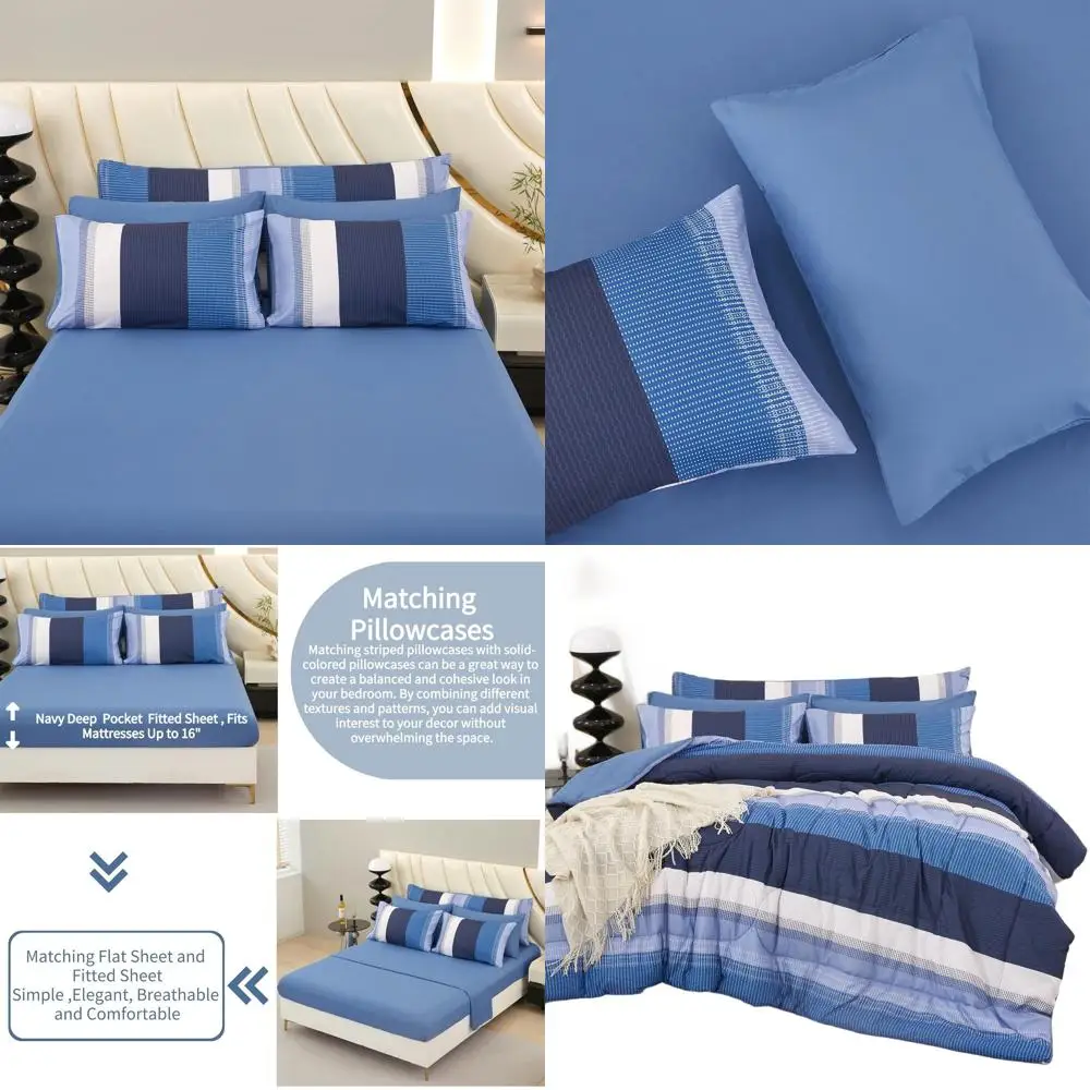 

Full Size Navy Blue 8-Piece Comforter Set: Colorblock Stripe, Lightweight, All-Season Bedding with Sheets & Pillowcases