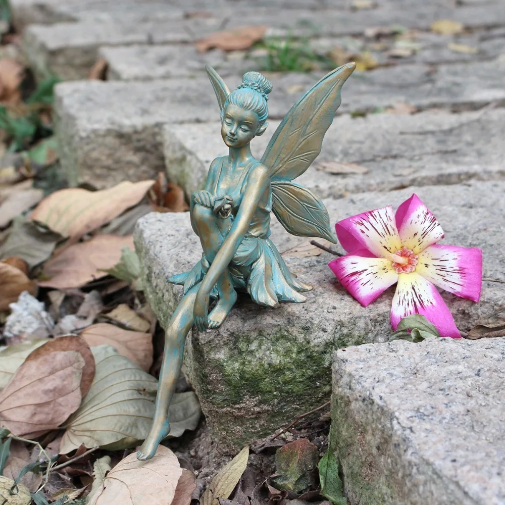 

Exquisite Retro Sitting Flower Fairy Figurine Funny Handmade Angel Wings Statue Resin Crafts Fairy Sculpture Home Office Decor