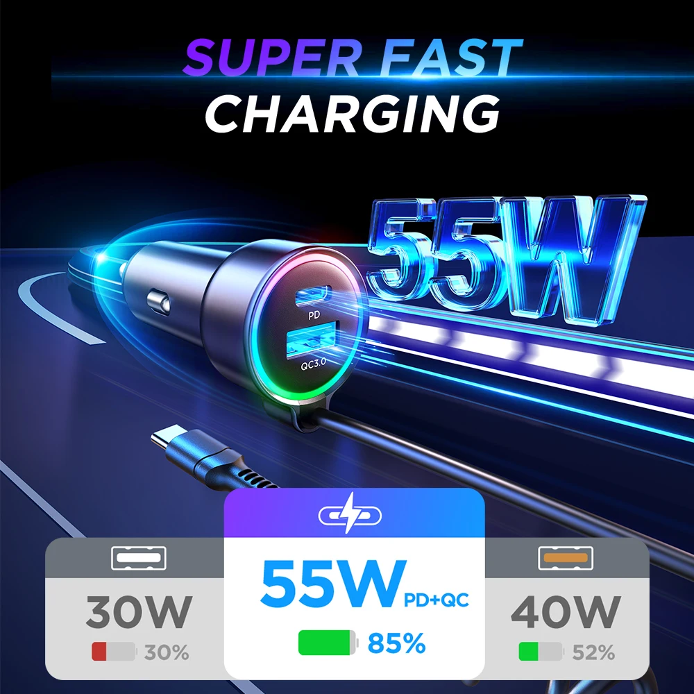 60W 3-Fast Port Super Fast USB C Car Charger PD& QC3.0 with 5ft 30W Super Fast Type C Coiled Cable Car Charger for Samsung iPhon