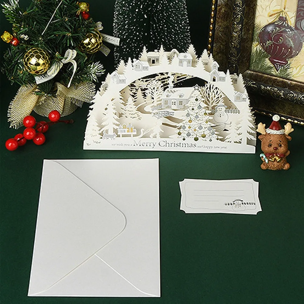 Hollow Christmas 3D Greeting Card with Envelope and Postcard Gilded Invitation Card Paper Laser Engraved Thank You Letter