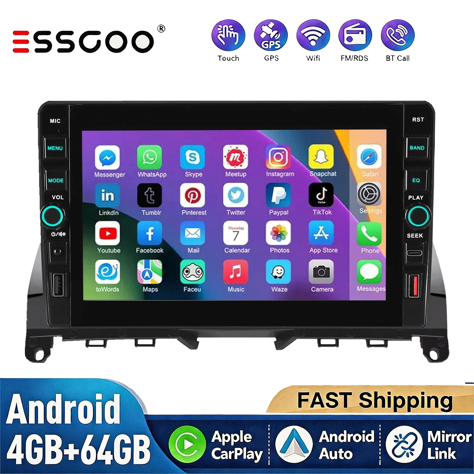 ESSGOO 4+64G 9-Zoll Auto Multimedia Navigations GPS Radio für Mercedes-Benz C-Klasse W204 S204 2006-2011, 2 DIN, Android 15, CarPlay, Wi-Fi, SWC, FM, RDS, 2USB