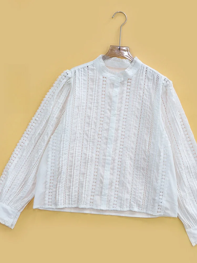 

Элегантная белая женская рубашка с кружевным воротником, длинными рукавами, ажурной цветочной вышивкой, из хлопка, дышащая, комфортная, летняя.