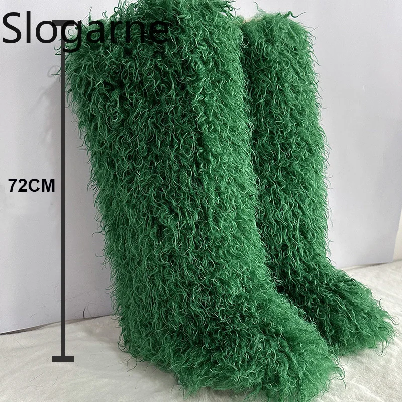 Nuevas botas de piel largas de 72CM para mujer, botas de nieve por encima de la rodilla de piel sintética para mujer, zapatos de invierno mongoles, calzado cálido de lana sintética Y2K de felpa