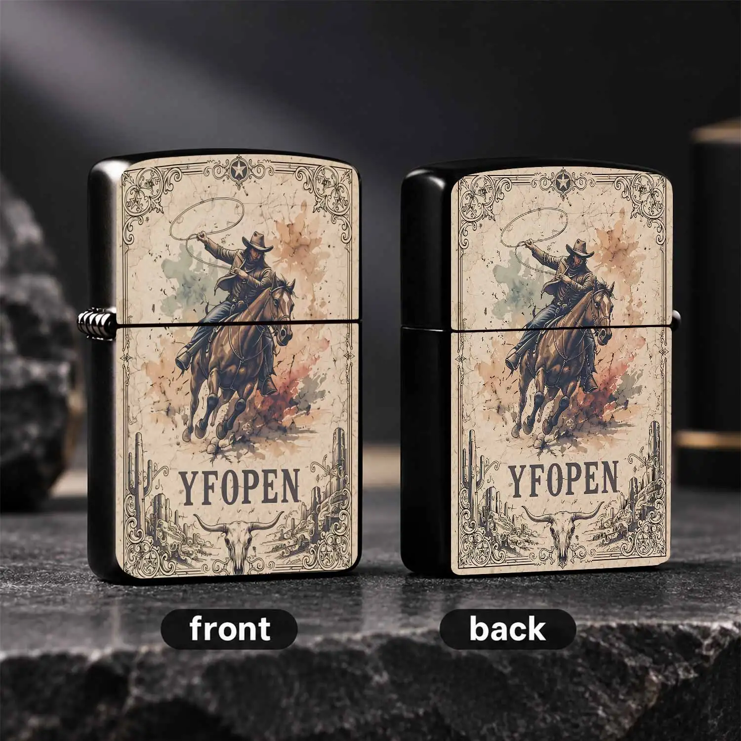 Vintage Western Cowboy Lighter, Galloping Horse With Lasso Art, Retro Distressed Paper Style Ornate Border Design, Yfopen Print, Ideal For Daily Carry, Gifting, Collection, Outdoor Use, Classic Western Themed Decorative A Humorous And Inter