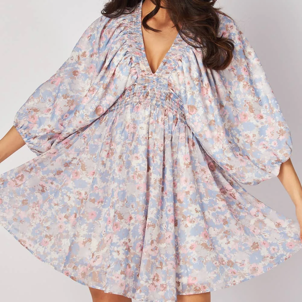 Mini abito da donna elegante autunno al ginocchio manica lunga scollo a V profondo stampa floreale abito da festa abiti traspiranti