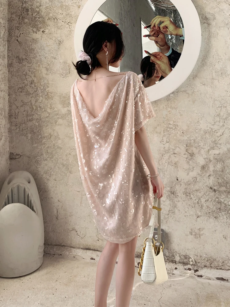 

BaoZong Lazy Sle Bal Midi Dr Pink Sequins Loose Casual T-irt Dr plus Size Summer New Arrival Women's Dr