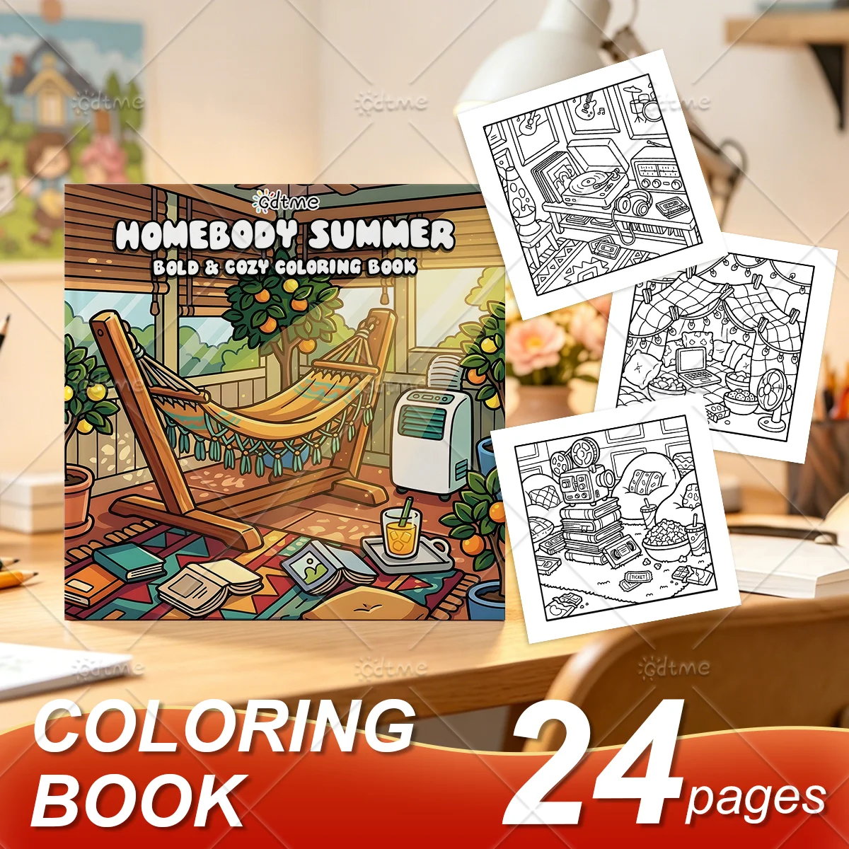 Homebody Summer Coloring Book, Bold & Cozy Indoor Lazy Summer Leisure Scenes, Stress Relief Relaxing Art Drawing Book for Adults