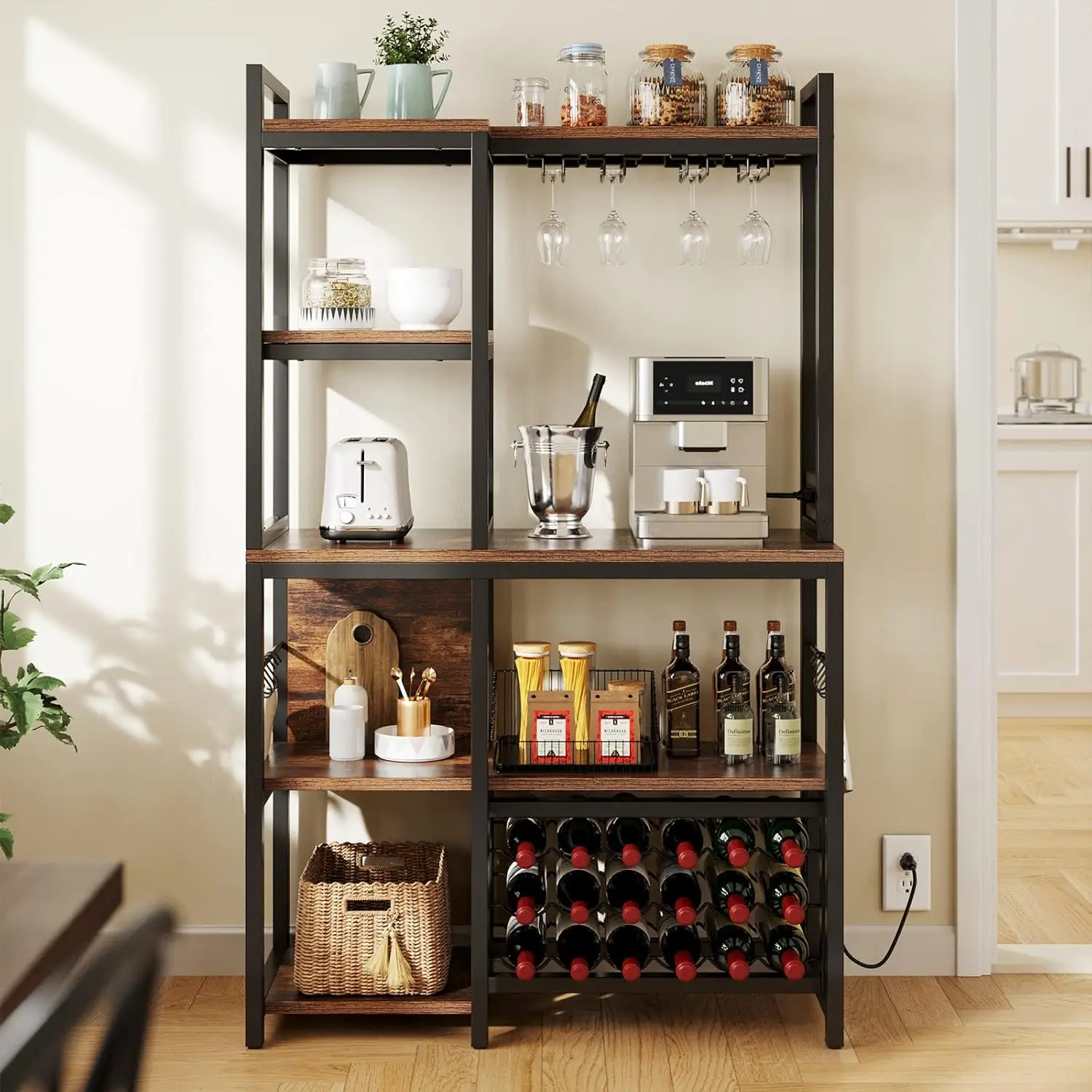 

Kitchen Microwave Bakers Stand Wine Rack, Coffee Bar Storage for Liquor Glasses Power Outlet, Wine Rack Freestanding Floor