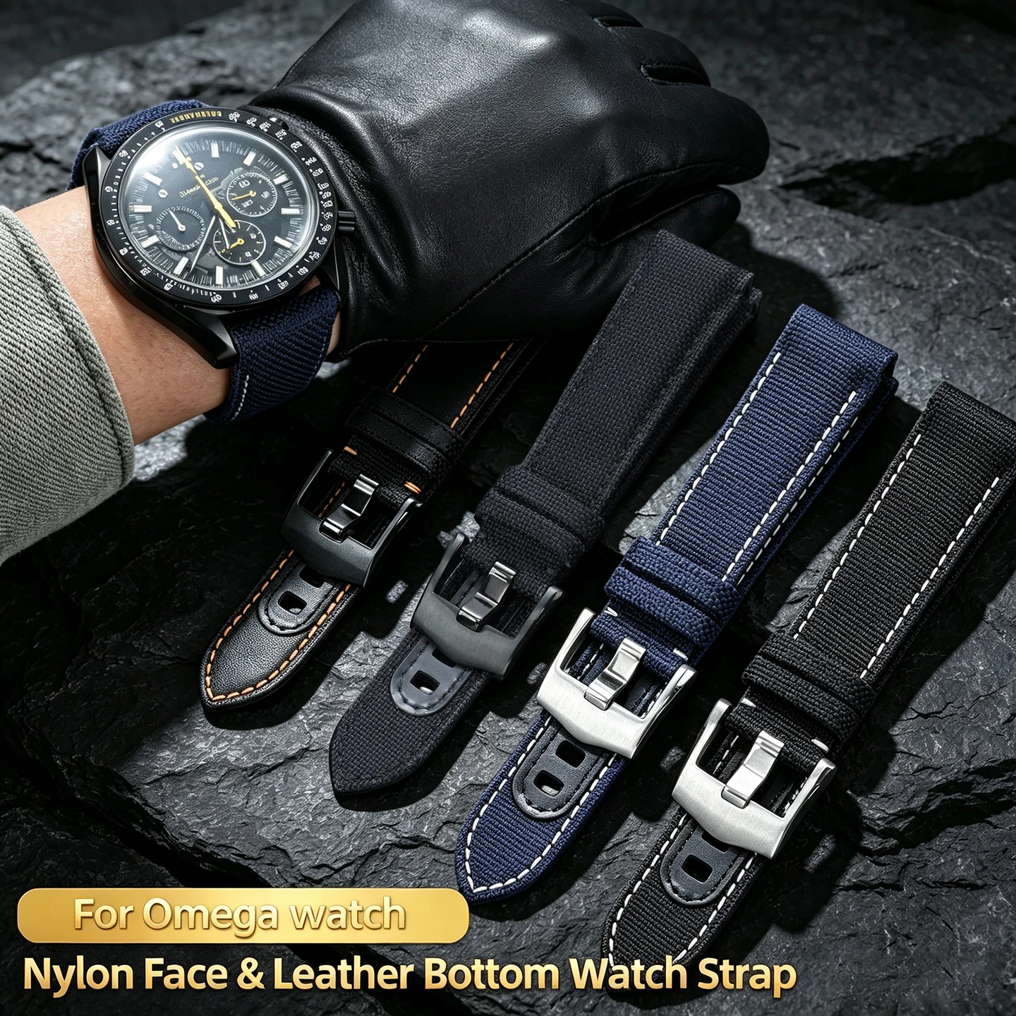 21mm Nylon Top Leather Bottom Watch Strap For Omega Speedmaster Dark Side of the Moon 311.92.44 Men Replacement Watchband