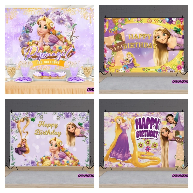 

Disney Long Golden Hair Princess Tangled Rapunzel Birthday Party Photography Backdrop Custom Kids Baby Shower Vinyl Backdrop