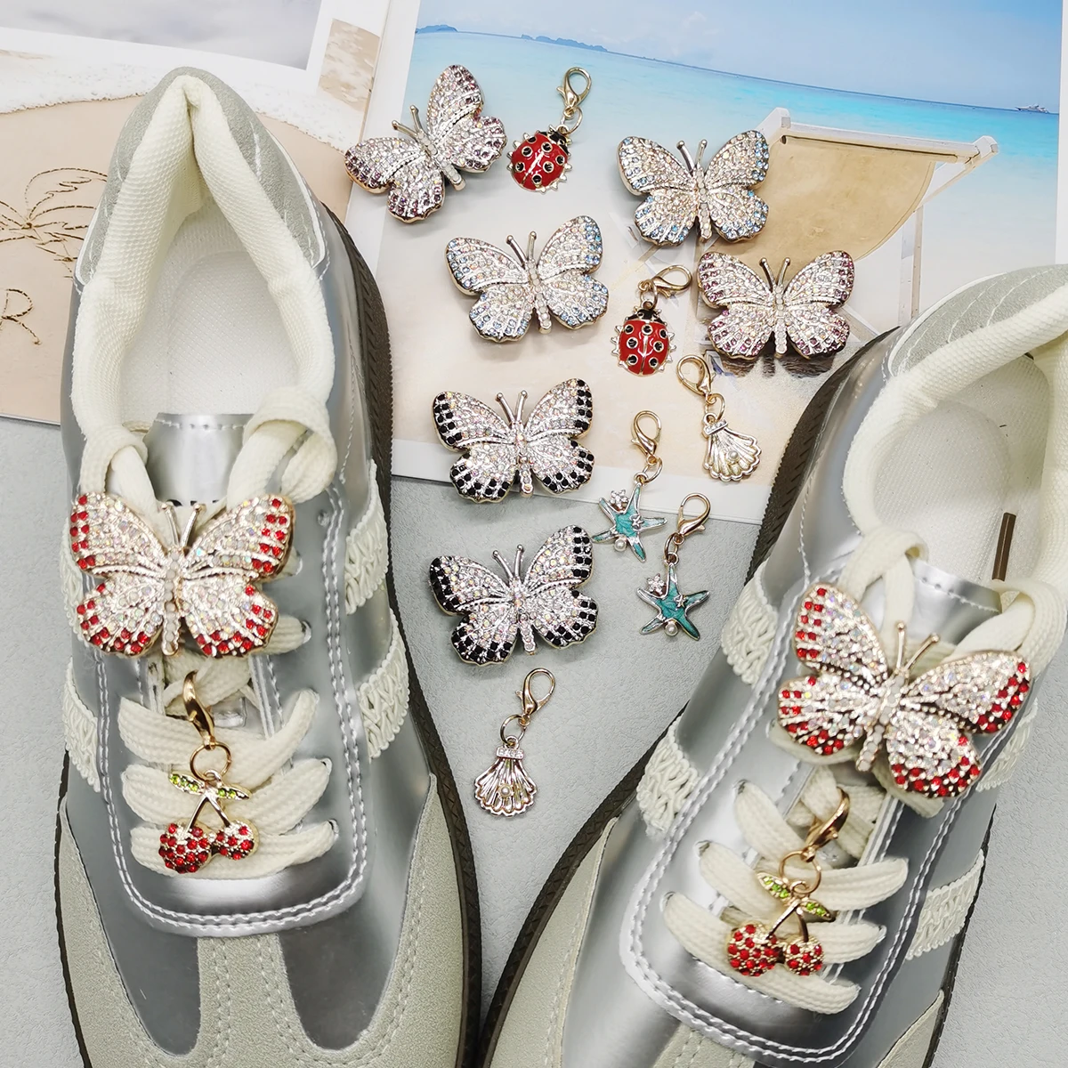 4PCS Rhinestone Butterfly Shoelaces Charms DIY Decorations Cherry Ladybug Shoe Pendants Accessories Shell Starfish Shoe Clips