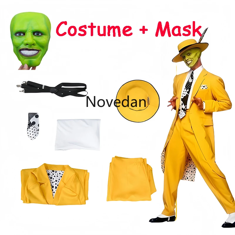 Movie The Mask Cosplay Costume Jim Carry Cosplay Yellow Uniform Carnival Party Suit Hat Green Mask Halloween Clown Props Outfits