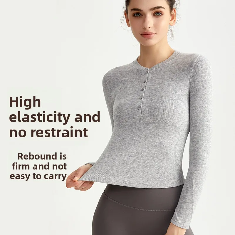 

2025 New Women Long Sleeve Yoga Top Slim Fit Workout Henley Shirt Fitness Base Layer Yoga Tee Gym Top Workout Top Gym Shirt