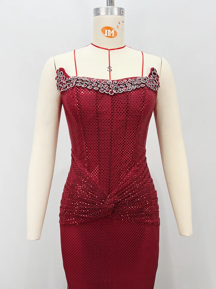 レッドラインストーンコルセットボディコンロングドレス – クリスタルネックラインの高級イブニングガウン、フォーマルパーティー＆ガラプロムドレスに