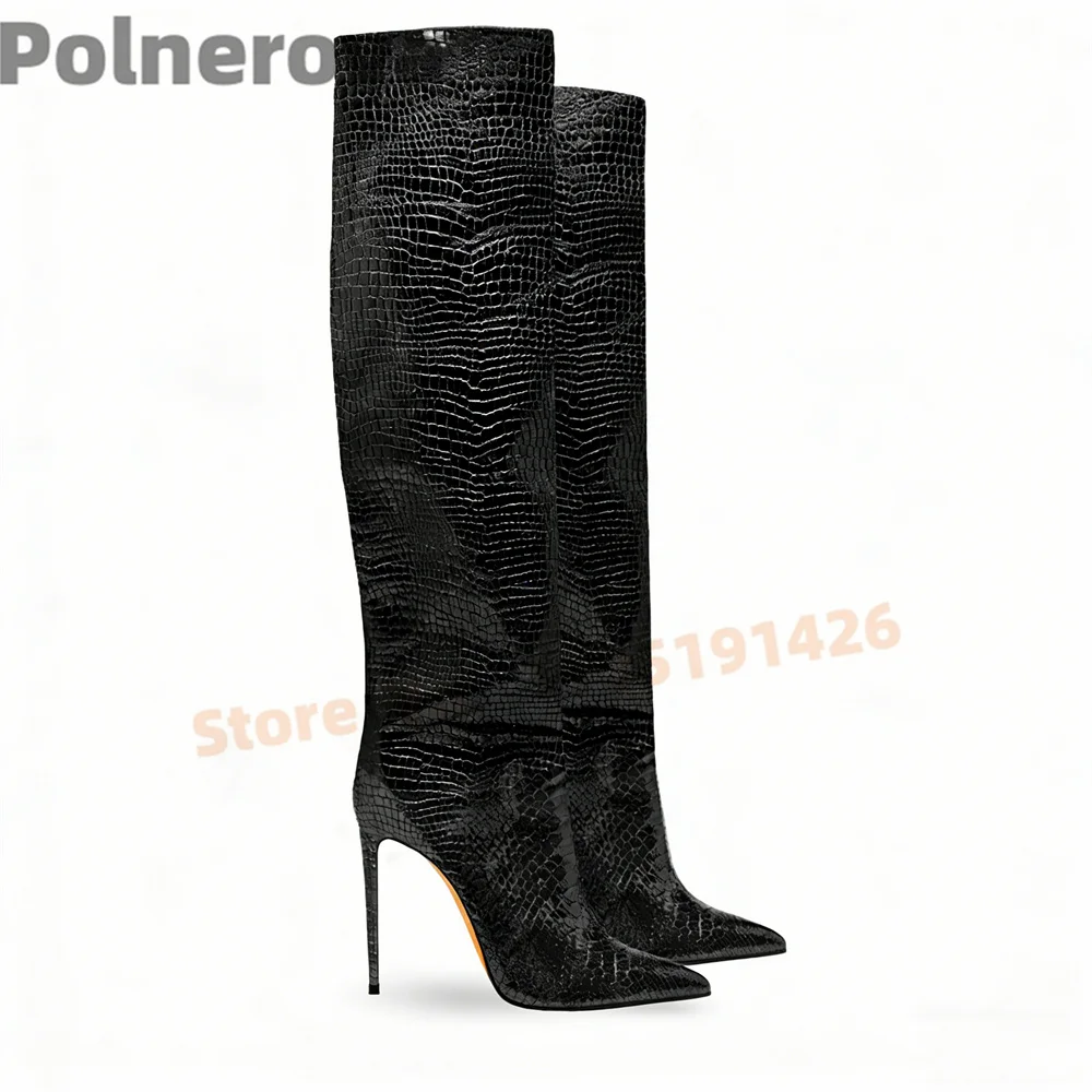 Knee High Pointed Toe High Heels Boots for Women Sexy Snake Pattern Leather Stiletto Long Boots Modern Boots Handmade Shoes