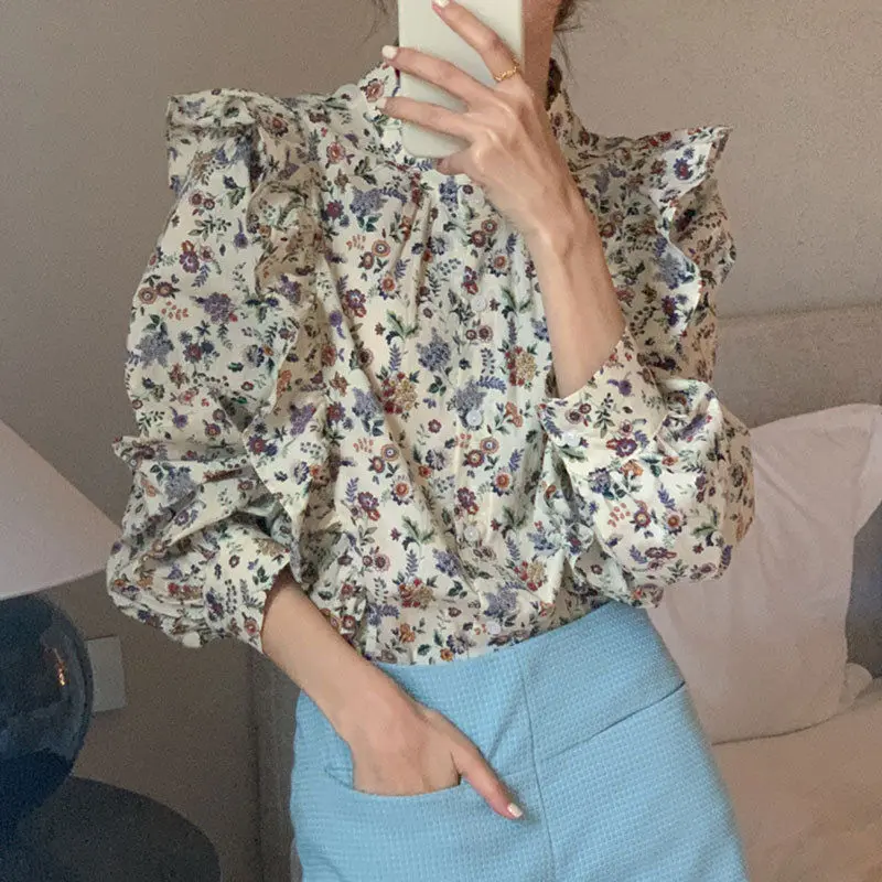 Kimotimo Print Stitching Ruffled Puff Sleeve Shirt Women Korean Chic Stand Collar Loose Lady Tops Spring Vintage Sweet Blouse