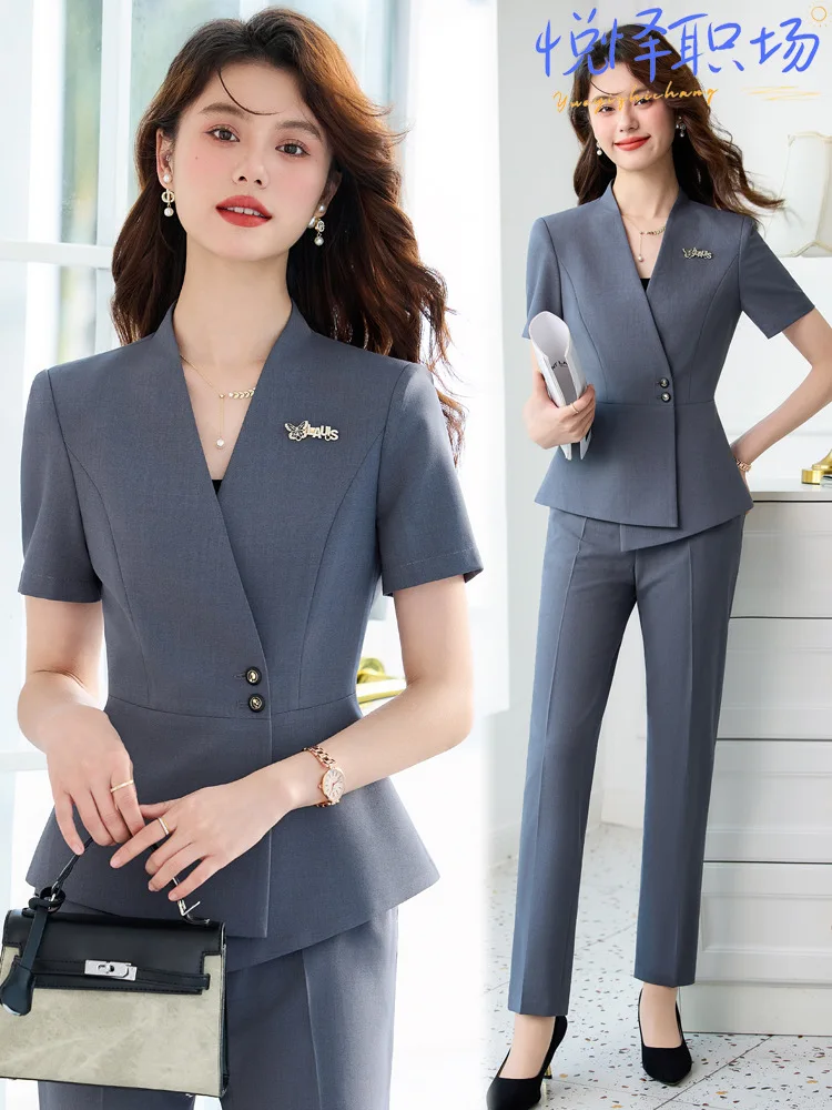 Formal women's short-sleeved suit, high-end professional attire, elegant goddess style, jewelry store workwear, hotel front desk