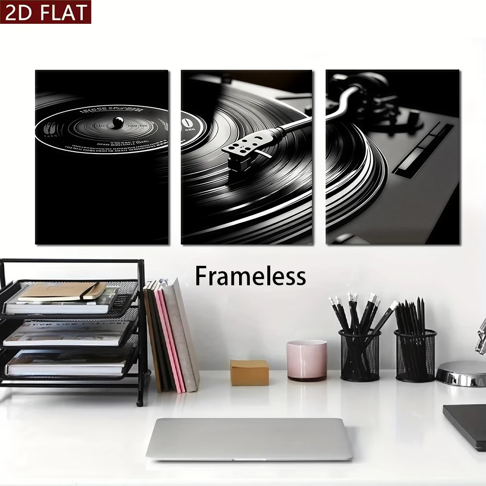 1 set of retro vinyl record player triple frameless decorative painting modern minimalist living room bedroom study bar music th
