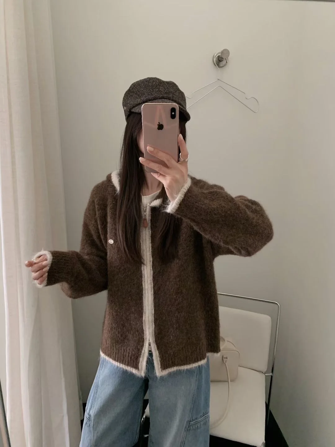 الكورية Sle لينة Plu يشعر تقسم اللون مقنعين سترة مشغولة من الصوف أوائل الخريف تصميم الصدر قطعة حديد صغيرة المرأة جا... #2