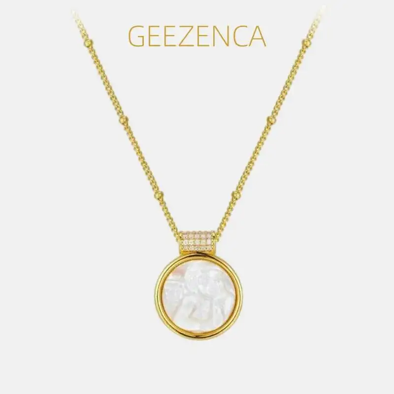 GEEZENCA White Shell Angel 925 Sterling Silver Gold Plated Pendant Necklaces Clearance Limited Stock First Come First Get