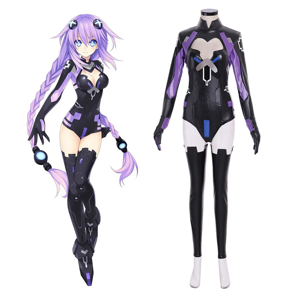 

Game Nepgear Cosplay Costume Black Purple Sister Sexy Jumpsuit Women Black Purple Leather Bodysuit