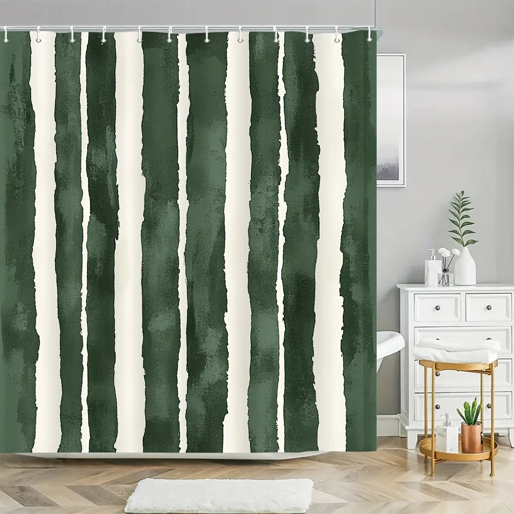 Shower Curtain Hooks 2D Flat Print White Background Hand Drawn Green Vertical Stripes with White Dots 180x180cm71x71in