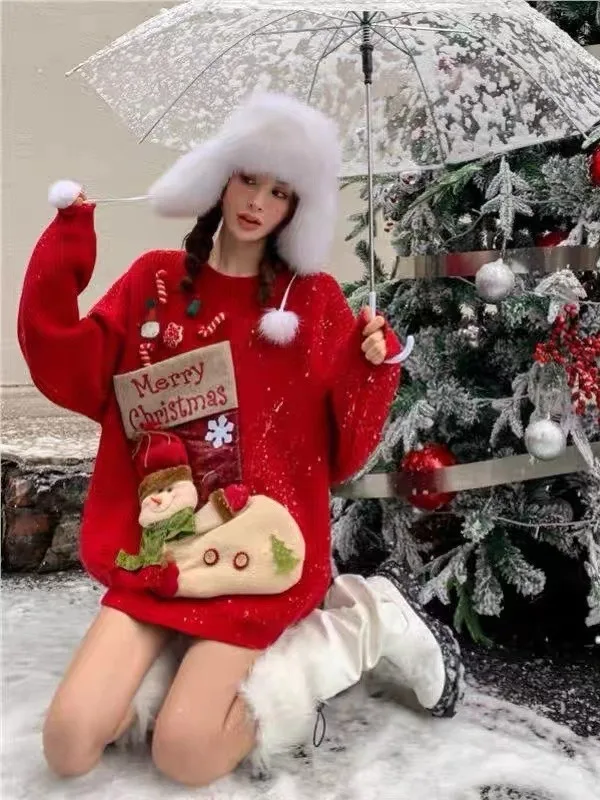 

Loose-fitting thick Christmas sweater stockings snowman doll pocket decoration red New Year knitted sweater for women ropa mujer