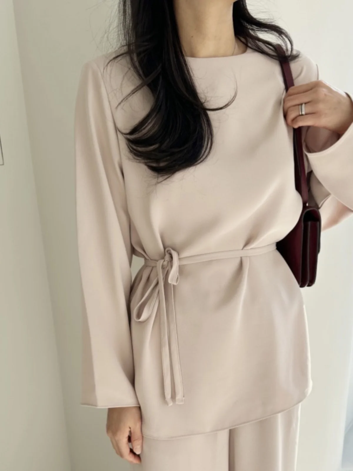 

Slimming Long Sve irt Top Women's Loose Belted Waist Elastic Straight Leg Pants Set Faionable Spring Polyester