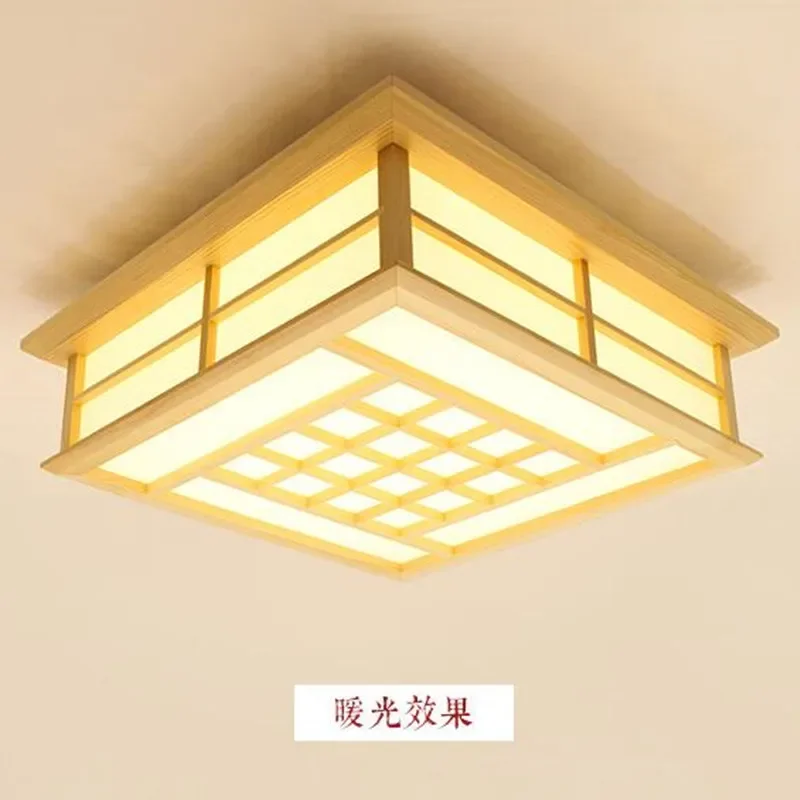 Japanese Style Tatami Wood Ceiling and Pinus Sylvestris Ultrathin LED Lamp Natural Color Square Grid Paper Ceiling Lamp Fixture