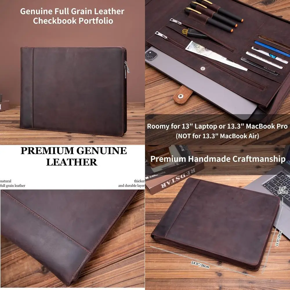 

Leather Checkbook Cover Holder for 3-On-A-Page or 600 Checks, 9x13, Zippered, Brown